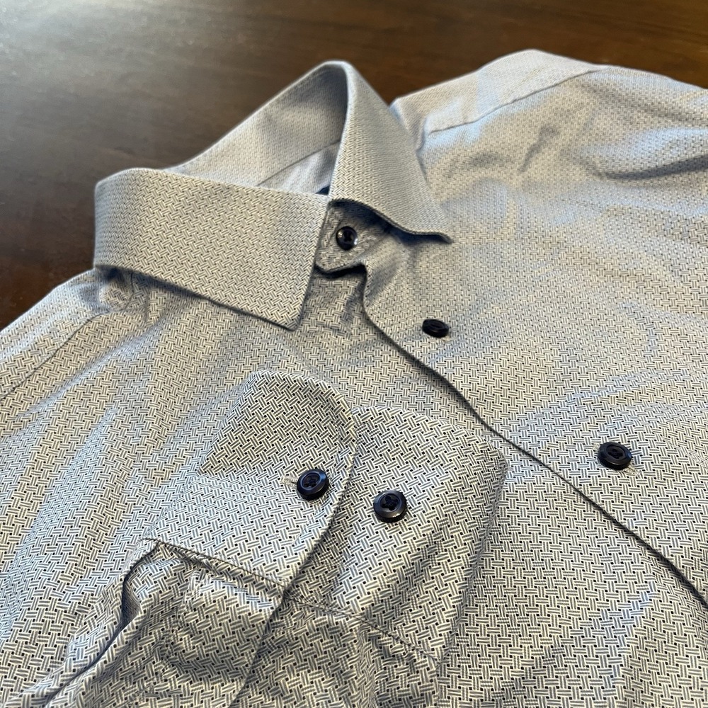 David Donahue Dress Shirt Mens 16.5 32/33 Blue Geometric Micro Print Trim Fit